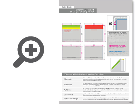 Product Bild block_mit_leimbindung_und_deckblatt__din_a6_quer__100_blatt__4_4_farbig_beidseitig_bedruckt